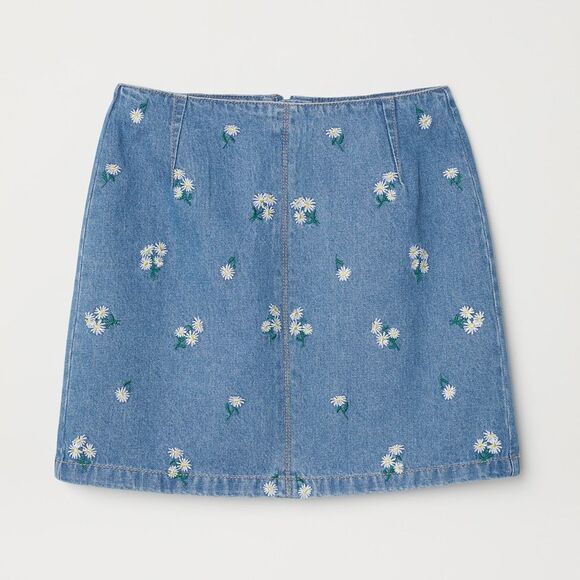 H&M DENIM SKIRT daisy floral EMBROIDERY Chambray denim jean Y2K mini skirt 2 - Picture 1 of 9